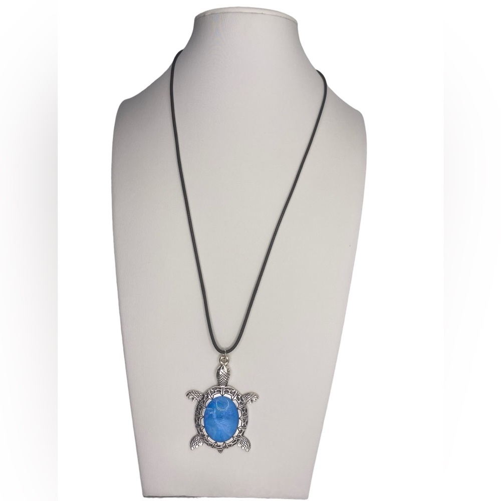 Handmade Silver-Tone Turtle Necklace with Blue Fluid Art Glass Cabochon